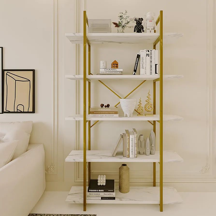Azheruol 5 Tiers Bookshelf Organizer White Faux Marble Shelf,Modern Open Display Storage Bookcase... | Amazon (US)