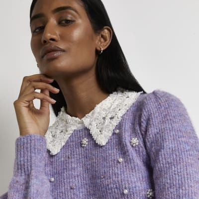 Purple embellished lace collar jumper | River Island (UK & IE)