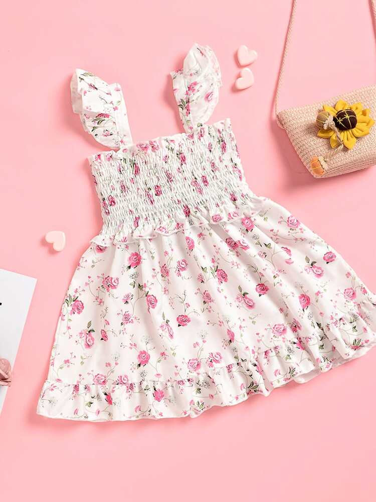 Baby Girl Floral Print Frilled Trim Shirred Dress | SHEIN