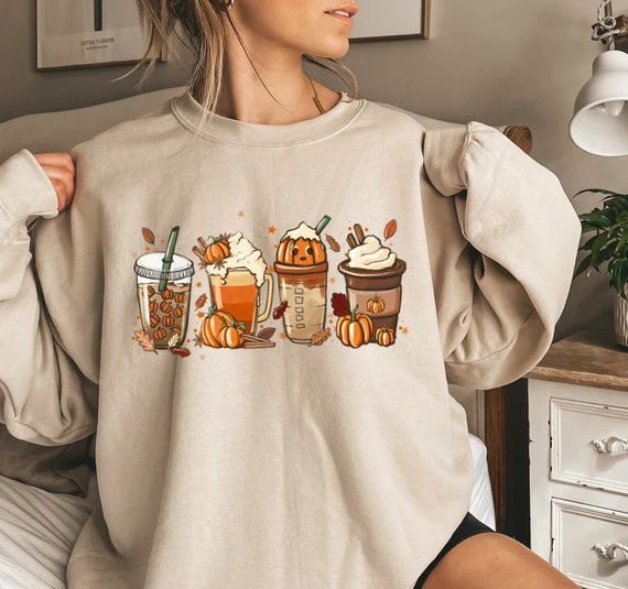 Fall Coffee Shirt, Cute Fall Sweatshirt, Coffee Lover tee Shirt, Halloween Pumpkin Latte Drink Cu... | Etsy (US)
