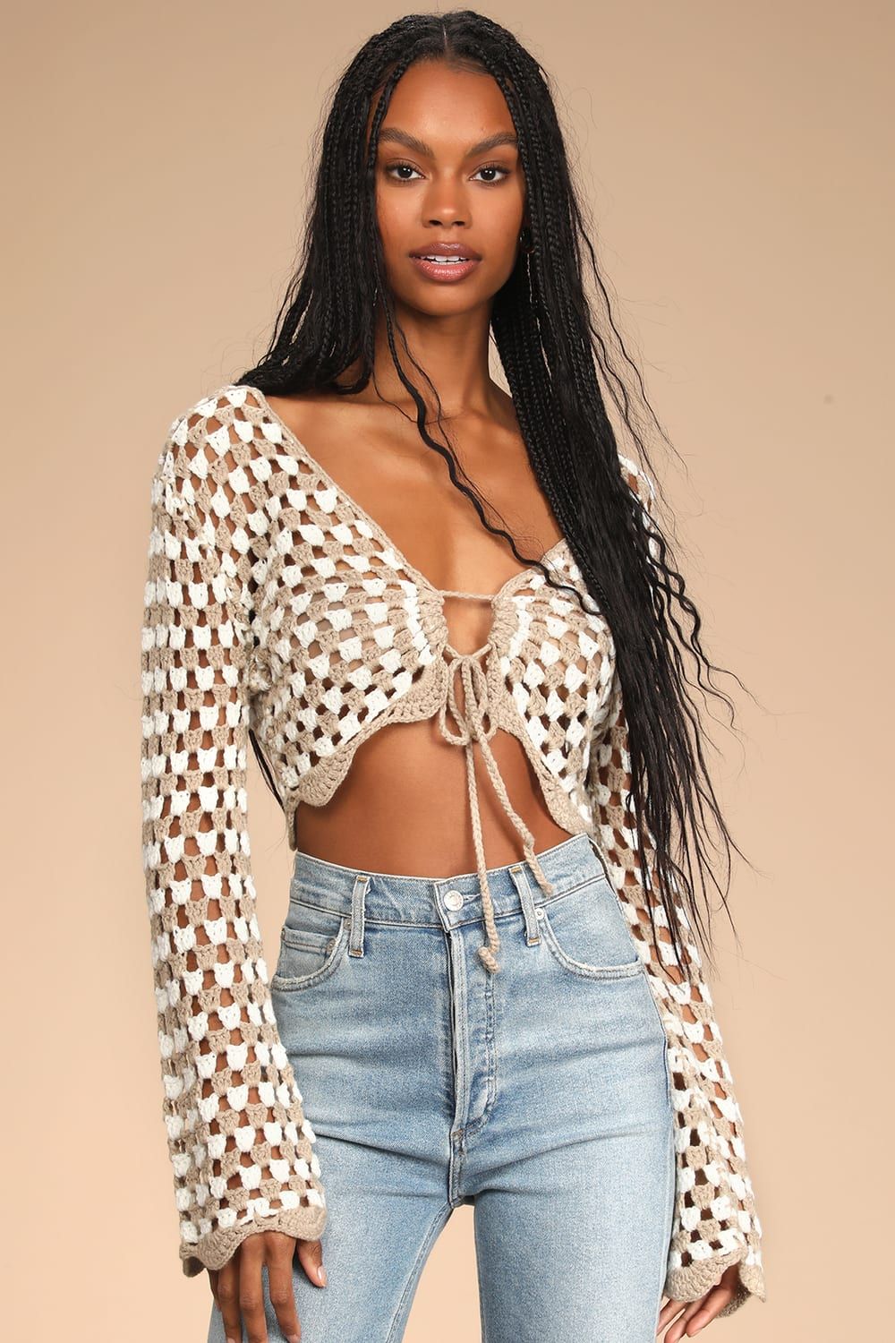 Bliss and Beyond Taupe Multi Long Sleeve Crochet Crop Top | Lulus (US)