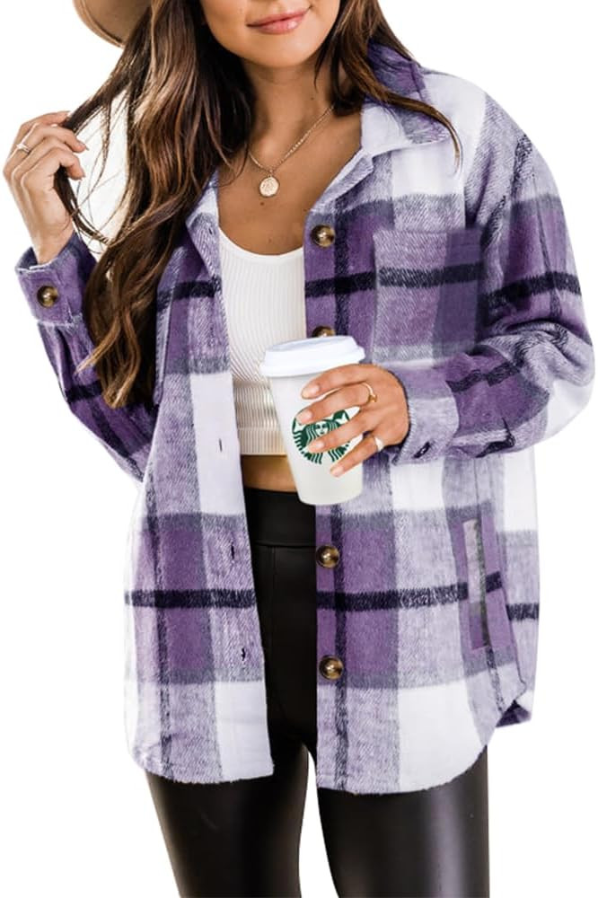 Beaully Women's Plaid Shacket Jacket Long Sleeve Button Down Flannel Shirts | Amazon (US)