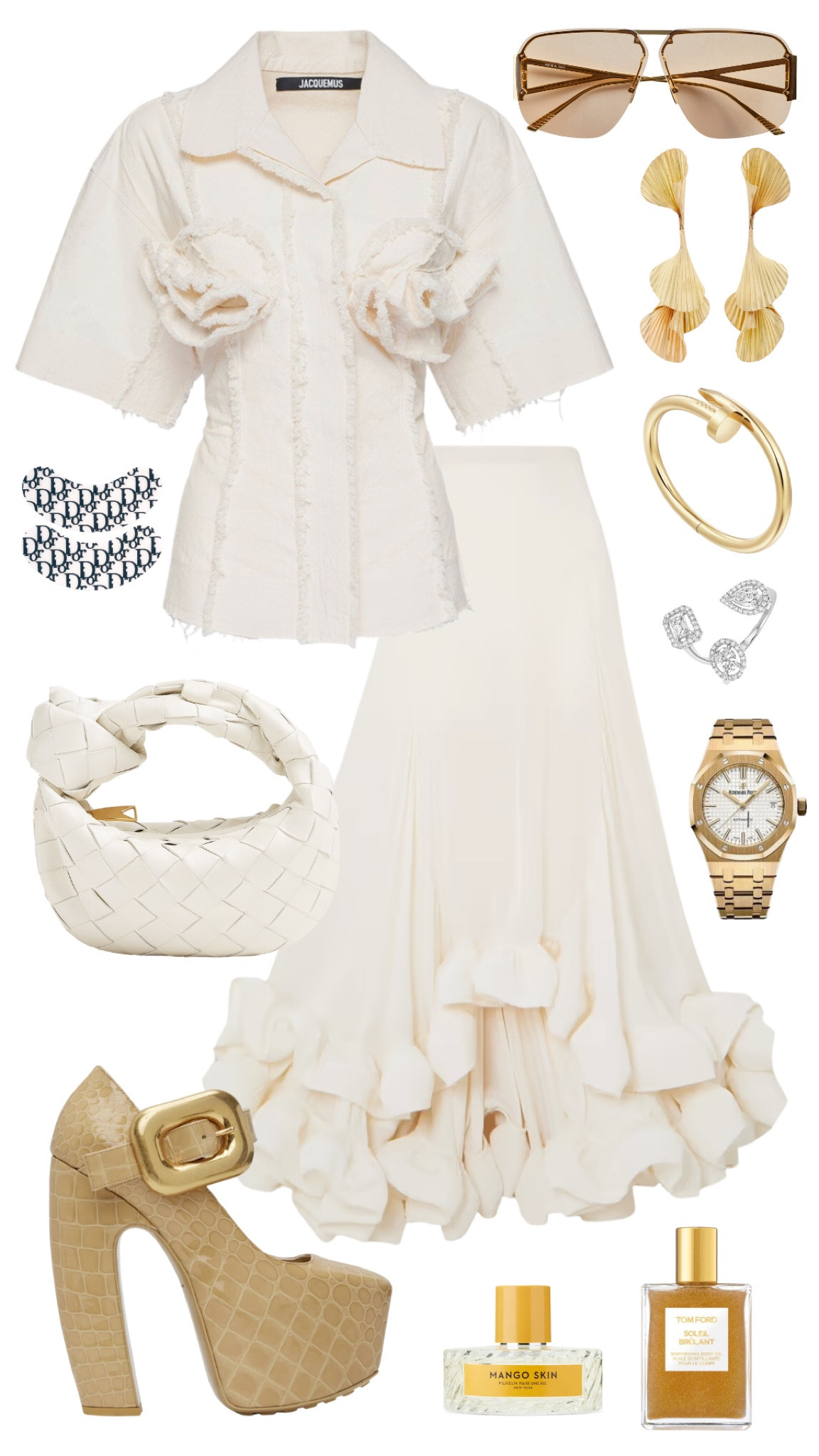 jacquemus top 
lanvin skirt 
bottega veneta heels, bag + sunglasses 
we dream in color earrings 
cartier juste un clou bracelet 
messika ring 
audemars piguet royal oak watch 
vilhelm parfumerie mango skin
dior eye patches 

#LTKbeauty #LTKFind #LTKfit