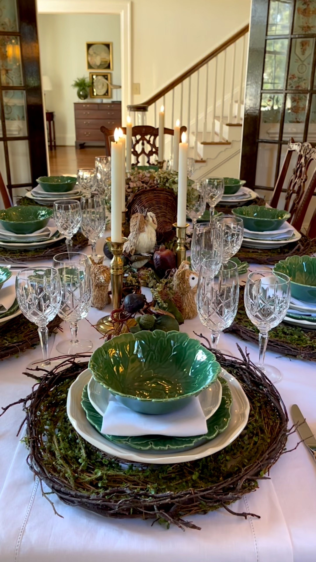 Have you ever thought about your dining table as a blank canvas for creativity? 🍂

It’s not just a place to gather—it’s where memories take shape. This woodland-inspired tablescape from a few years ago remains one of my all-time favorites, and for good reason. 🍁

Here’s what makes it work: warm earthy tones (think brown, green, gold, and burgundy), natural textures, and a low centerpiece that keeps the conversation flowing. I layered twig swags, a wicker cornucopia filled with dried hydrangeas, and added velvet pumpkins, faux fruit, and a few woodland critters for charm. 🍂

Each place setting sits on rustic grapevine chargers with green and white dinnerware for that cozy, collected feel. It’s a simple way to bring the beauty of the season right to your table. 🍁

Save this for your own fall gathering—or send it to someone hosting this year for inspiration! 🍂

#FallTablescapeInspo #AutumnDining #WoodlandTableDecor #CozyFallTables #VintageDinnerware #RusticFallDecor #NatureInspiredDecor #FallEntertaining #SeasonalTablescape #FallTableVibes


#LTKSeasonal #LTKHome