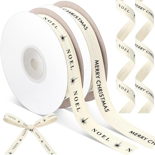 20 Yards Merry Christmas Noel Ribbon, Natural 5/8 Inch 100% Cotton Herringbone Twill Fabric Ribbo... | Amazon (US)