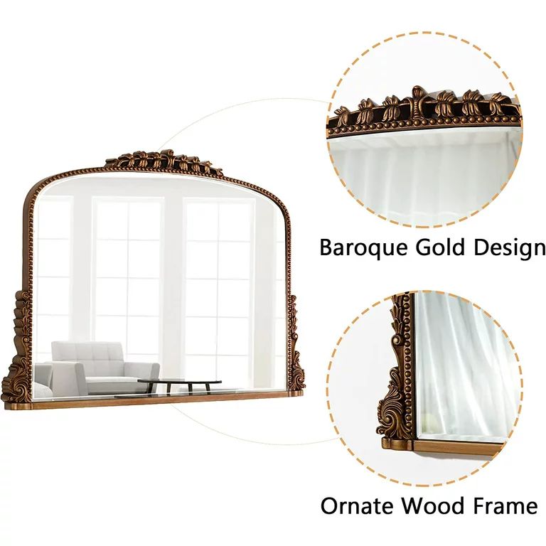 Shyfoy Large Arch Wall Mirror Ornate Mirror for Living Room Decor Anqitue Gold Decorative Mirrors... | Walmart (US)