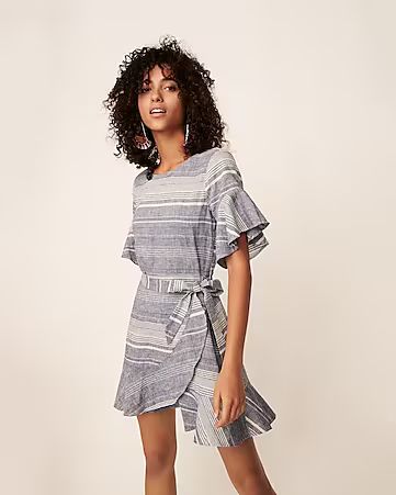 Striped Linen-blend Flutter Sleeve Dress | Express