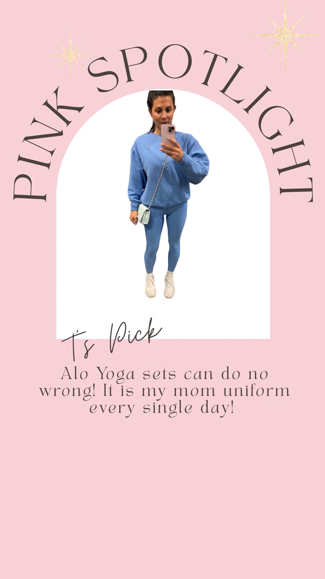 LTK Caption:
My mom uniform on repeat: this Alo Yoga set! Comfy, cute, and gets me through the day—from drop-offs to errands to happy hour. Bonus? It’s 30% off right now on Alo—run, don’t walk!
#TsPinkPicks #AloYoga #LTKfit #LTKmomstyle #PrettyInPinkAgain #ActivewearObsessed

Tag Suggestions:
	•	Alo Yoga sweatshirt
	•	Alo Yoga AirLift 
	•	White sneakers
	•	Crossbody bag


#LTKSaleAlert