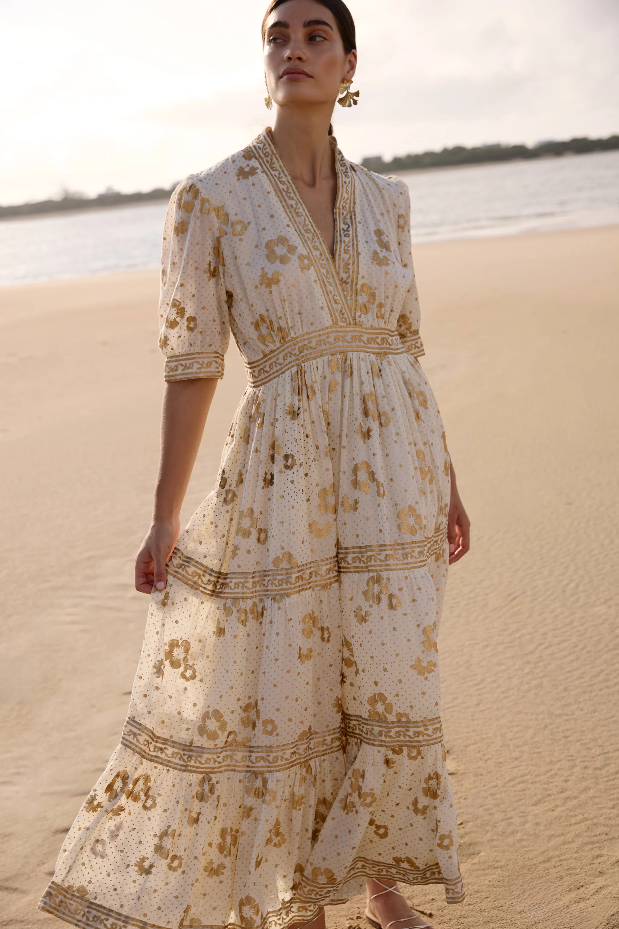 V-Neck Cuffed Maxi- Carlin Cream Gold | Oliphant Design
