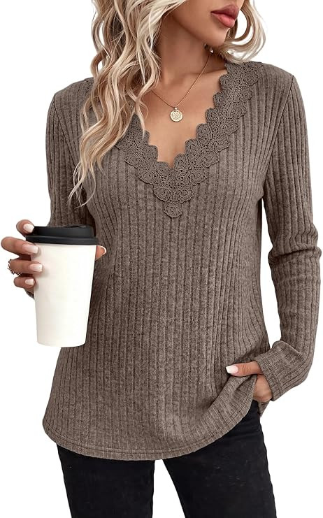 WIHOLL Womens Long Sleeve Tops V Neck Lace Trim Dressy Casual Fall Outfits Sweaters | Amazon (US)