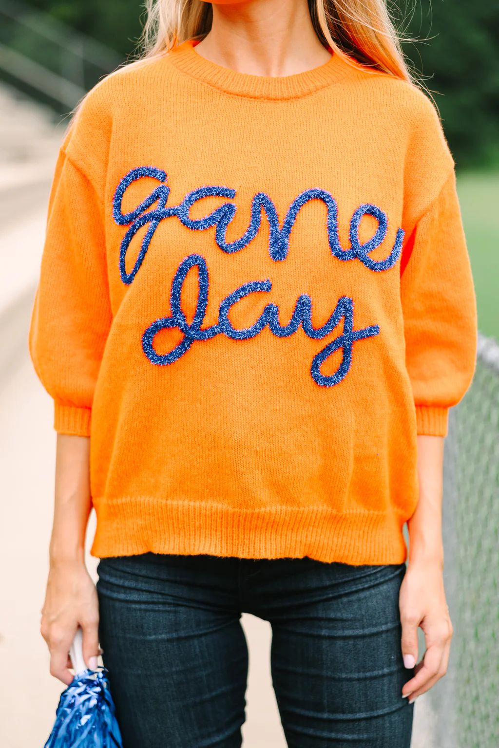 It's Game Day Orange/Navy Puff Sleeve Sweater | The Mint Julep Boutique