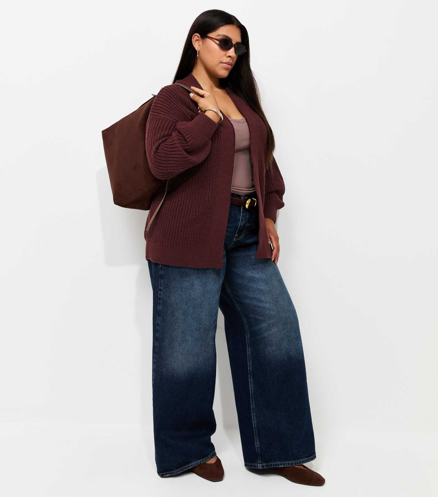 Curves Dark Burgundy Ribbed Knit Balloon Sleeve Cardigan | New Look | New Look (UK)