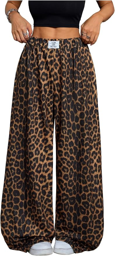 RoseSeek Women's Leopard Print Baggy Tall Pants Y2K Wide Leg Long Pant | Teacher Pants, Cool Pant... | Amazon (US)