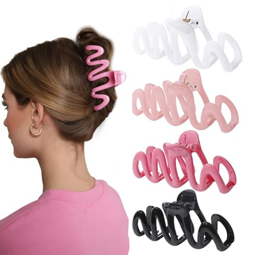 Large Hair Claw Clips for Thick Hair - Big Claws Clip for Thin Curly Long Hair 4.1 Inch Pink Black Hair Clip Strong Hold Non Slip Banana Clips Hair Accessories for Women Girls | Amazon (US)