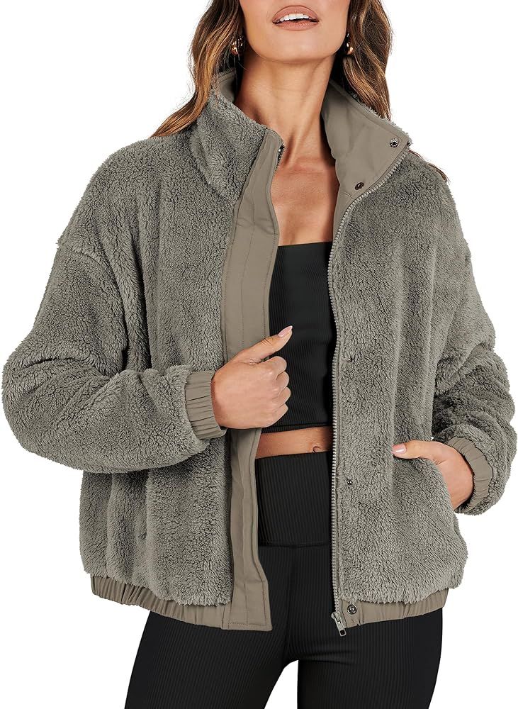 ANRABESS Women Sherpa Fleece Jackets Casual Long Sleeve Buttons Cropped Coat Winter Outwear | Amazon (US)