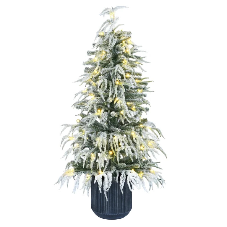 4' Pre-Lit Snow-Flocked Green Artificial Potted Christmas Tree with 70 Warm White LED Lights, by ... | Walmart (US)