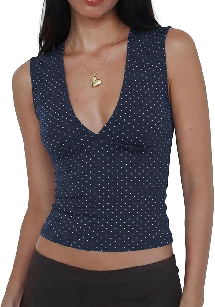 Women Deep V Neck Tops Sexy Sleeveless Crop Top Stretchy Trendy Going Out Tank Top Cute Summer Cl... | Amazon (US)