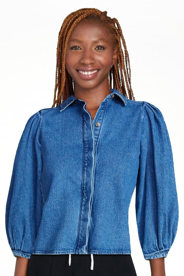 Scoop Women’s Denim Shirt with 3/4 Length Puff Sleeves, Sizes XS-XXL | Walmart (US)