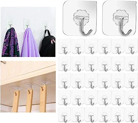 30 PCS Adhesive Hooks Wall Hanger Hook 13lb(Max), Bathroom Kitchen Transparent Reusable Seamless ... | Amazon (US)
