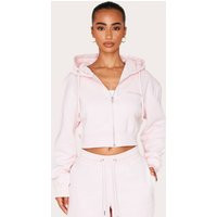 Petite Baby Pink Zip Up Embossed Detail Crop Hoodie | PrettyLittleThing US