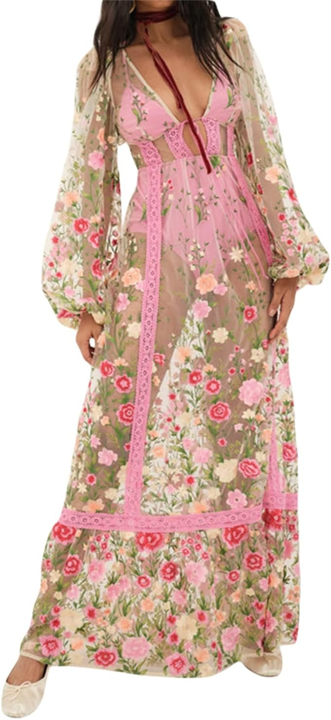 KMBANGI Women Lace Dress Sexy See Through Long Sleeve Mesh Floral Embroidery Long Dress Flowy Cov... | Amazon (US)
