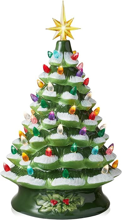 Casafield Hand Painted Ceramic Christmas Tree, Green Snow Flocked 15-Inch Pre-Lit Tree with 128 M... | Amazon (US)