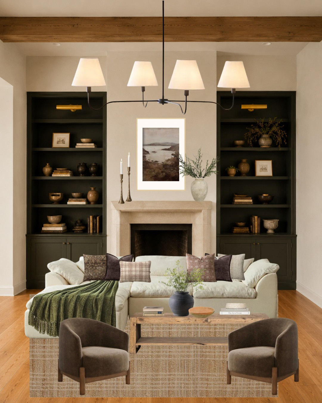 One of the biggest misconceptions about honey oak floors is that you have to completely redesign your home around them or replace them altogether. Most of the time, they just need the right supporting colors and textures.

For this living room design, I focused on repeating the warmth of the flooring throughout the room while creating balance with darker contrast and layered neutrals. Swipe to see the beautiful 3D rendering of this design. 

A few things that help honey oak floors feel more updated:

• Add darker contrast with built-ins, lighting, or furniture • Repeat warm wood tones throughout the room • Use creamy neutrals instead of stark whites • Layer natural textures like linen, woven rugs, wood, and stone • Bring in earthy greens to soften warm undertones

The goal isn’t making the floors disappear. It’s making them feel like they belong.

I’ve linked all the pieces that inspired this design below.

#LTKHome