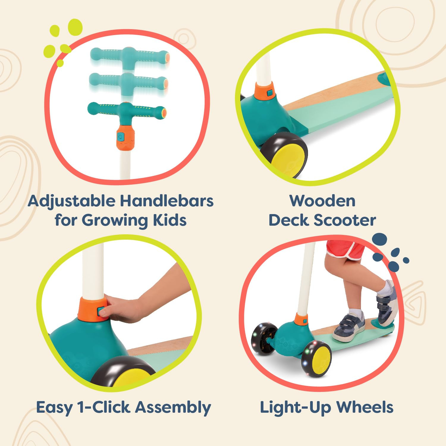 B. toys – Wood Kids Scooter – Adjustable Height & Light-Up Wheels – 3-Wheel Scooter – Sol... | Amazon (US)