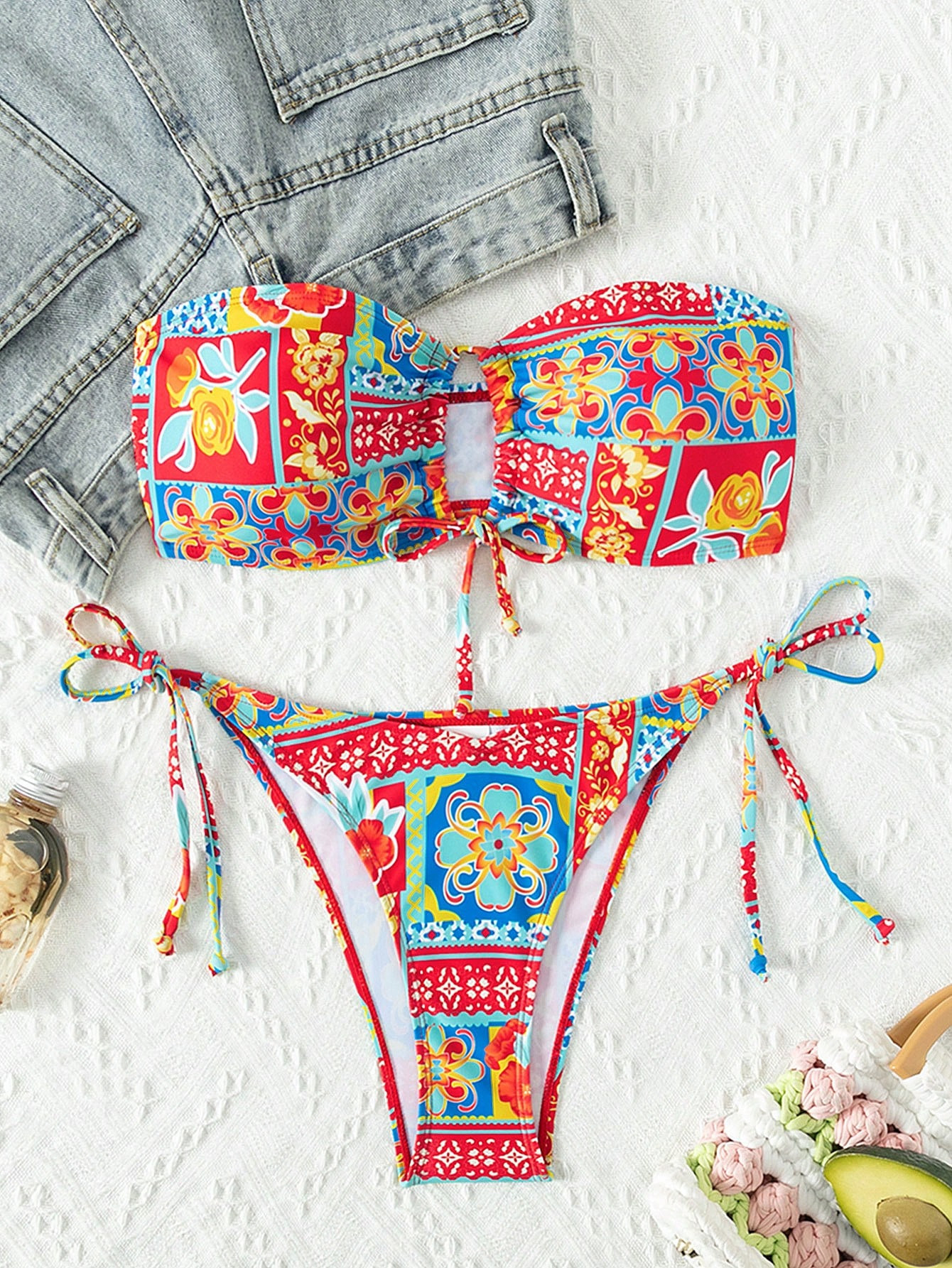 SHEIN Swim BohoFeel Women's Floral Print Bandeau Swimsuit Set | SHEIN