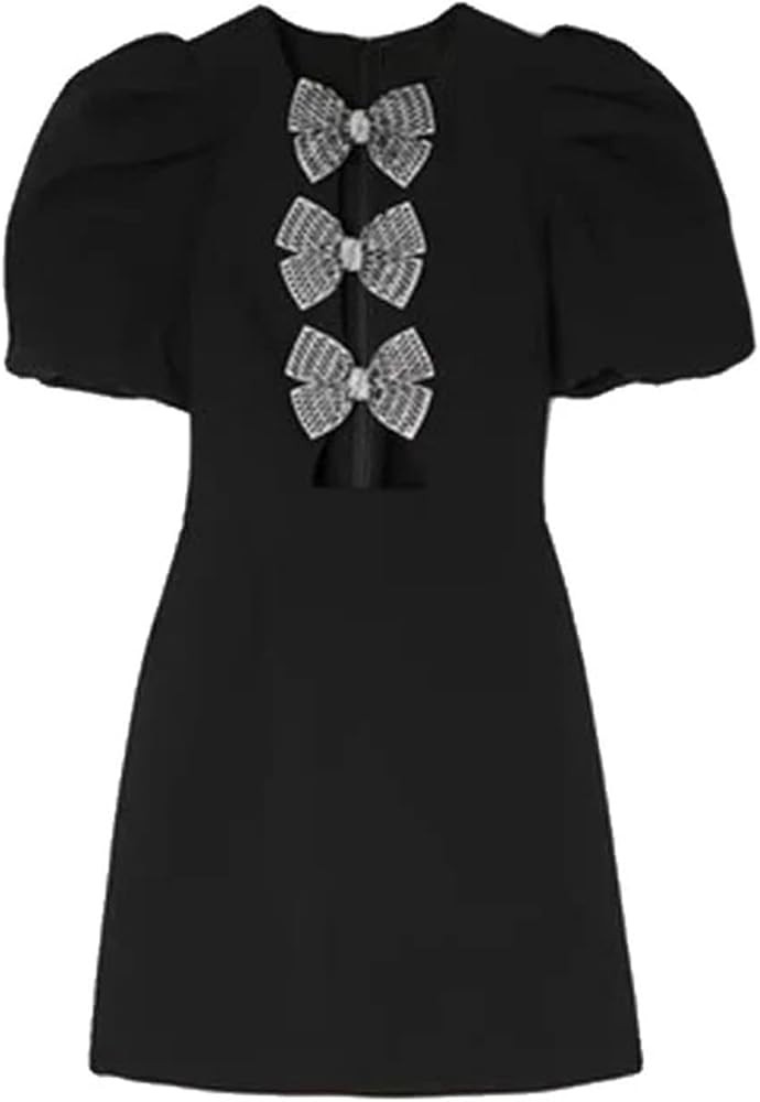 Women's Crystal Bow Decorated Mini Skirt Puff Sleeve Summer Chic Black Casual Dress | Amazon (US)