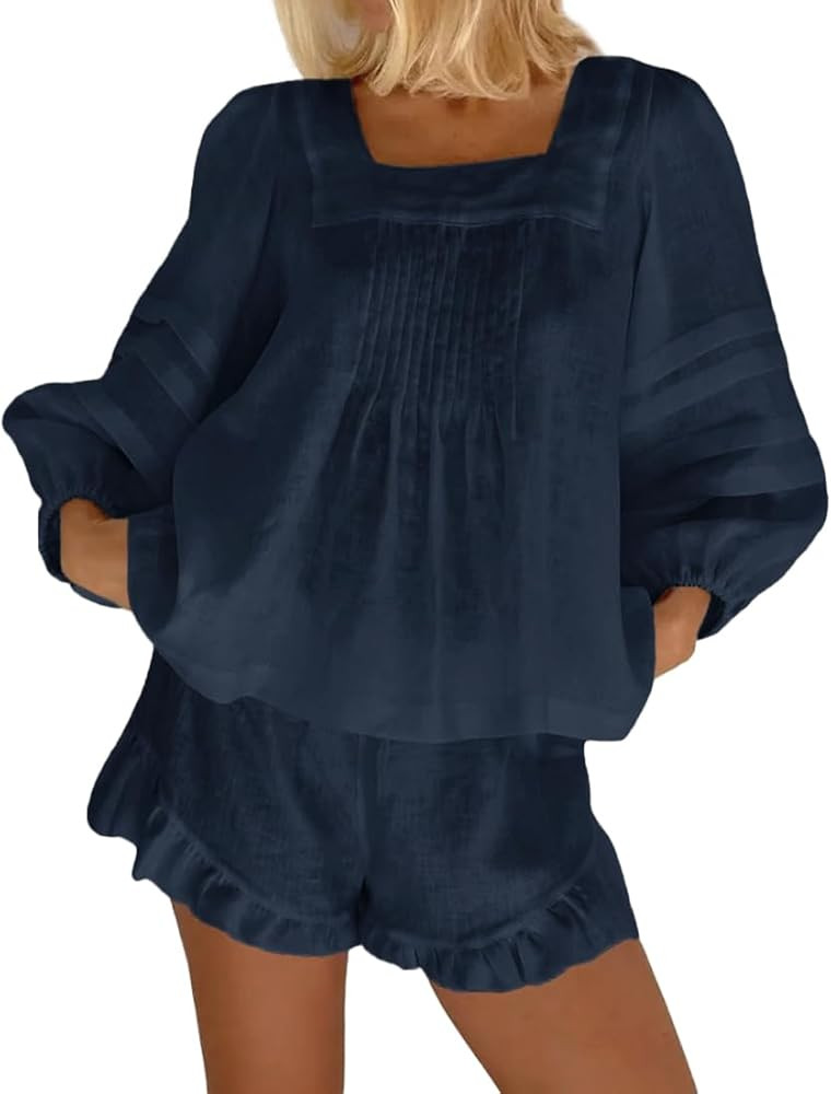 Womens 2 Piece Sets Puff Long Sleeve Square Neck Top and Ruffle Shorts Cotton Pajamas Set | Amazon (US)