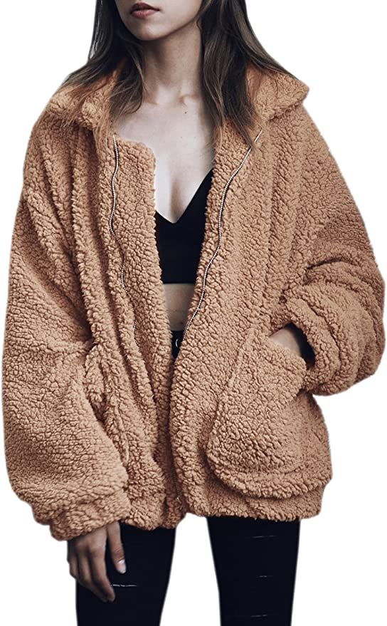 ECOWISH Women's Sherpa Jacket Casual Lapel Fleece Fuzzy Faux Shearling Zipper Teddy Coat Oversize... | Amazon (US)