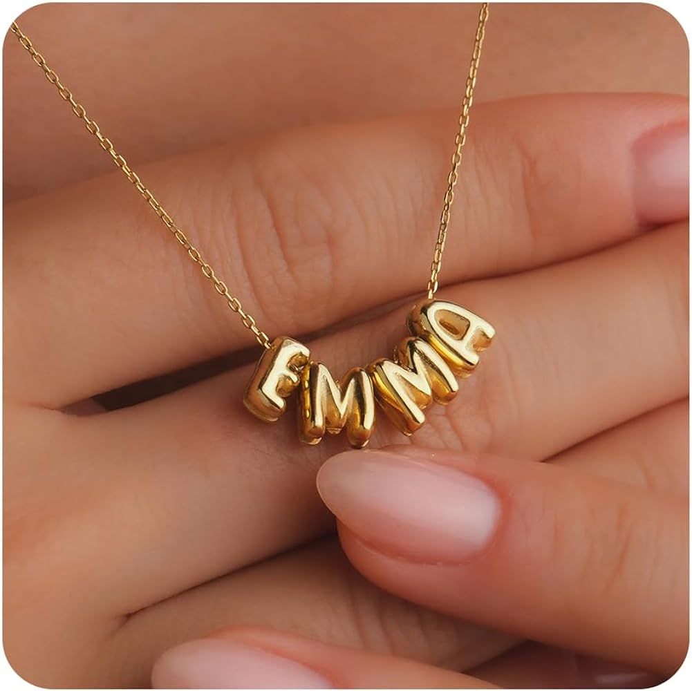 SLOONG Custom Bubble 3D Letter Necklace Name Beads Necklace 18K Gold Plated Dainty Initial Person... | Amazon (US)