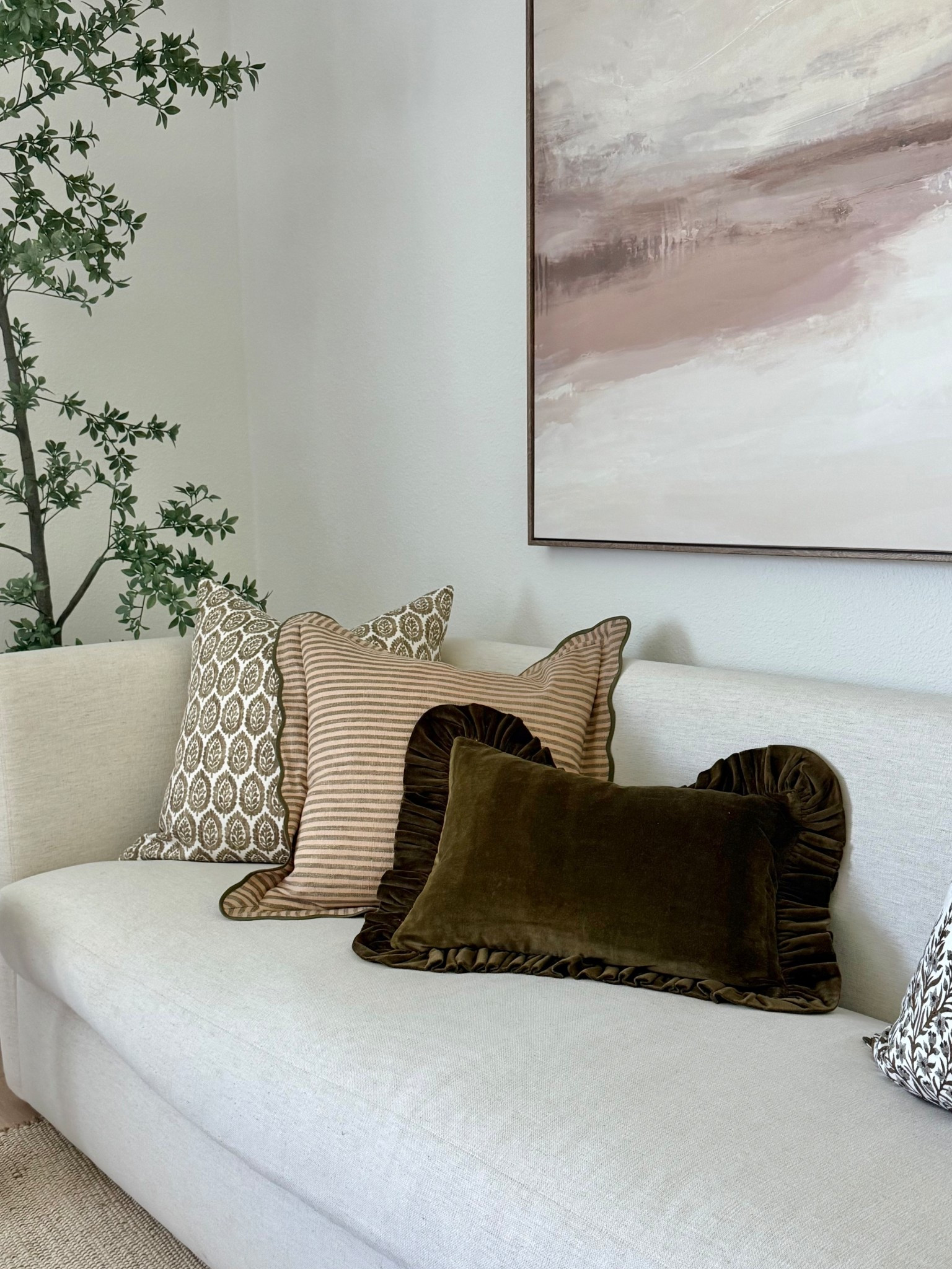 The prettiest new pillow combo in linen & velvet:  block print, stripe and solid (both with a pretty little scallop and ruffle edge) all in shades of olive, brown & white🤎🤍🤎

Home decor, living room decor, bedroom decor, studio McGee for target canvas art, Lulu and Georgia, Pottery Barn, pillow covers, pillow inserts, McGee and Co sofa 

#LTKSeasonal #LTKSaleAlert #LTKHome