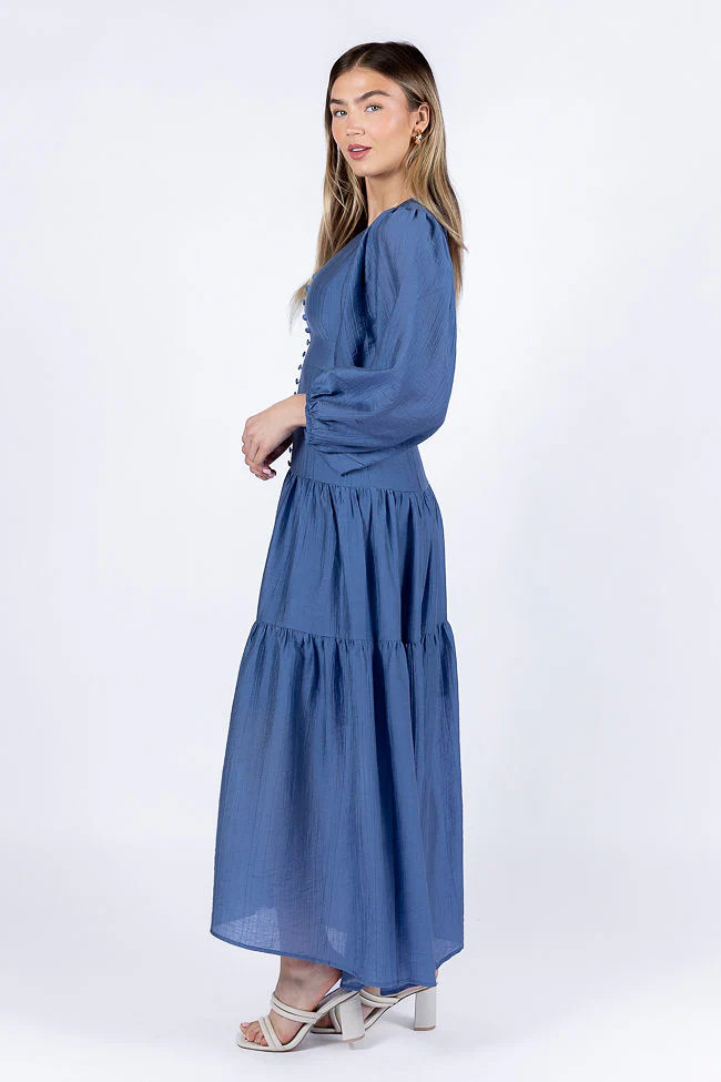 Enchanting Moments Blue Button Detail Maxi Dress | Pink Lily