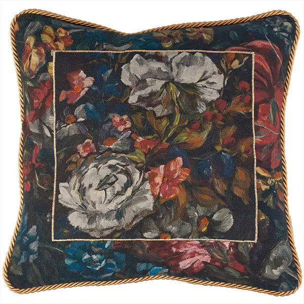 Moody Floral Velvet Pillow with Gold Rope Trim - Decor Steals | Decor Steals