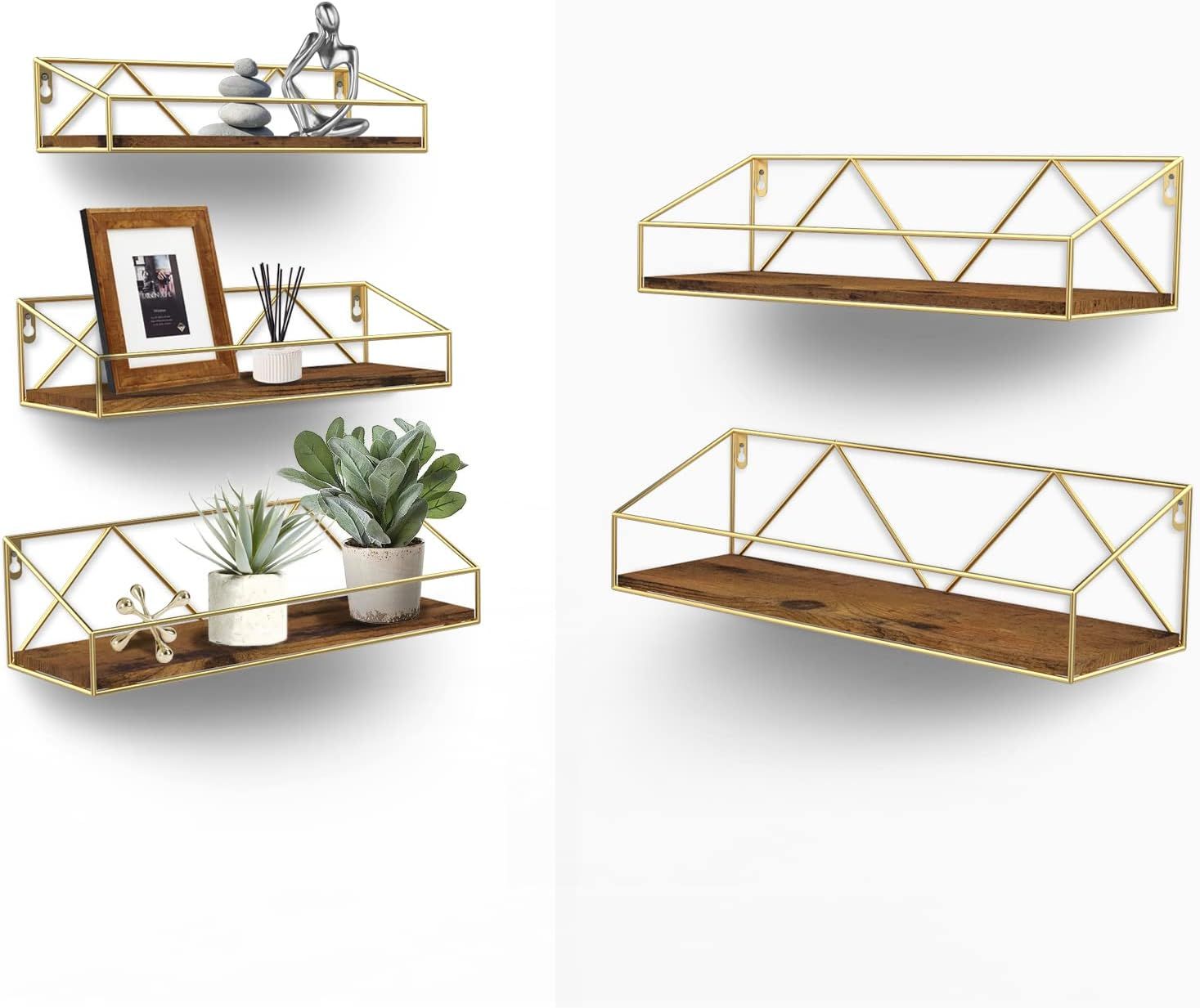 PETAFLOP Wood Floating Shelves for Wall Decor Set of 5, Gold Mounted Storage Shelf for Bathroom, ... | Amazon (US)