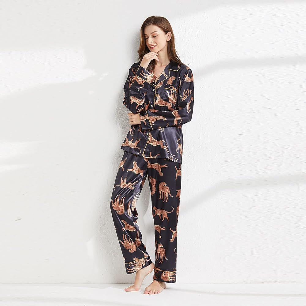 Belle Heure Women’s Silk Satin Classic Long Sleeve Pajamas Button Down Silky Floral Animals Pattern  | Amazon (US)