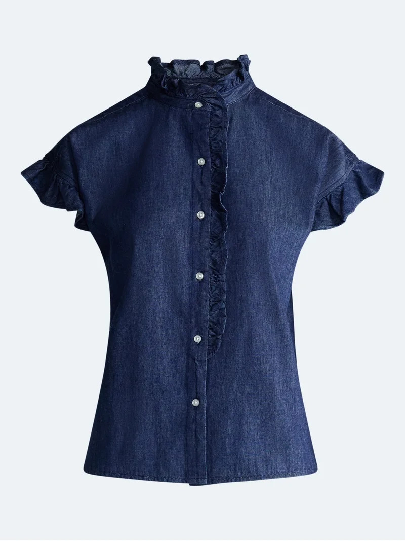 Free Assembly Women's and Women's Plus Ruffle Trim Neck Top with Short Sleeves, Sizes XS-4X | Walmart (US)