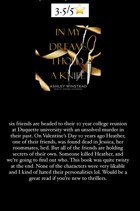 7. In My Dreams I Hold a Knife by Ashley Winstead :: 3.5/5⭐️ six friends are headed to their 10 year college reunion at Duquette university with an unsolved murder in their past. On Valentine’s Day 10 years ago Heather, one of their friends, was found dead in Jessica, her roommates, bed. But all of the friends are holding secrets of their own. Someone killed Heather, and we’re going to find out who. This book was quite twisty at the end. None of the characters were very likable and I kind of hated their personalities lol. Would be a great read if you’re new to thrillers. 

#LTKhome #LTKtravel