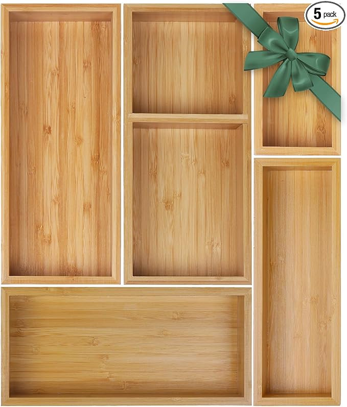Bamboo Drawer Organizer Set, 5 PCS Multi-Use Individual Wood Storage Organizers, Junk Drawer Divi... | Amazon (US)