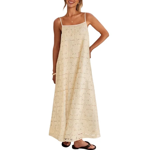 MEROKEETY Womens Summer Spaghetti Maxi Dress Sleeveless Floral Lace Eyelet Beach Sundress Apricot... | Walmart (US)