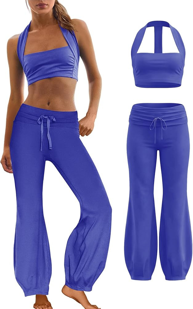 Panadila Women 2 Piece Yoga Sets Pilates Outfit Halter Sports Bra Fold Over Flare Leggings Matchi... | Amazon (US)