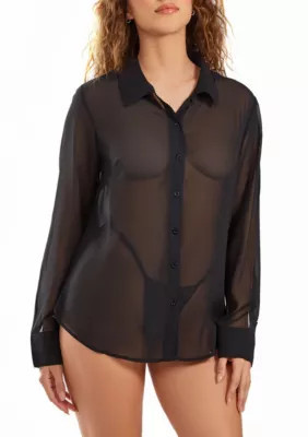 iCollection Women's London Sheer Button Down Shirt- Size up for an oversized Sleep or Beach Cover up, Black, Medium | Belk