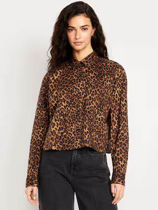 Linen-Blend Button-Down Crop Shirt | Old Navy (US)