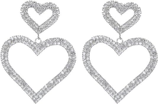 Amazon.com: Heart Earrings for Women Trendy - Silver Heart Dangle Earrings with Diamond Like Look... | Amazon (US)