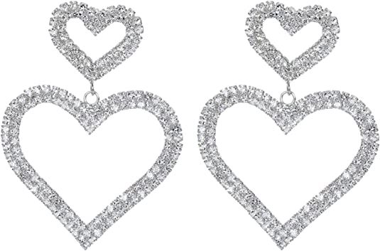 Amazon.com: Heart Earrings for Women Trendy - Silver Heart Dangle Earrings with Diamond Like Look... | Amazon (US)