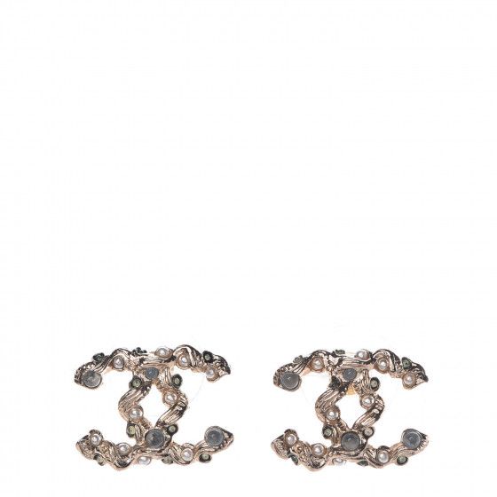CHANEL Crystal Pearl CC Earrings Light Gold Blue | Fashionphile