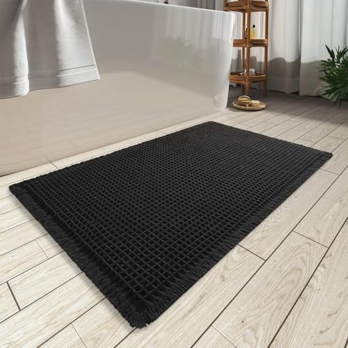 AMOAMI Upgraded Waffle Bath Mat, Super Absorbent Non Slip Bath Mats for Bathroom Floor, Machine Washable Bathroom Rugs with Tassels, Rubber Backed Bathroom Mats, Ultra Soft, 20" x 32", Black | Amazon (US)