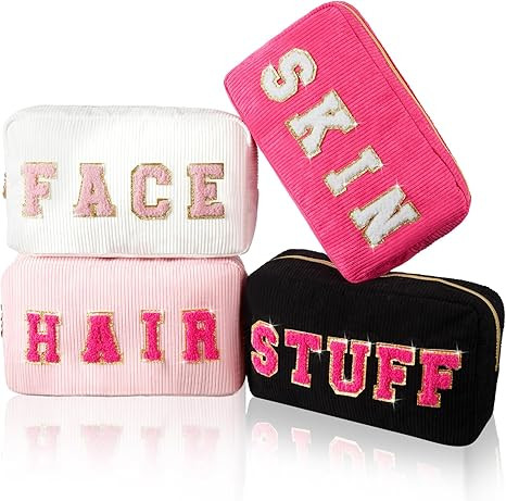 Pinkunn 4 Pcs Corduroy Makeup Cosmetic Bags Christmas Gift Chenille Letter Patch Cosmetic Small P... | Amazon (US)